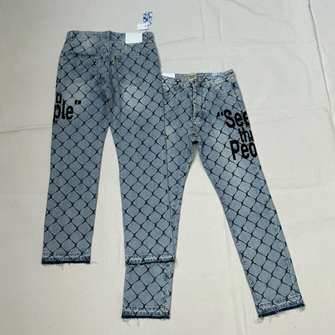 -Size upper body P240#G786 GALLERY DEPT. Steel mesh letter printed slim jeans jeans casual group trendy American slim men's and women's trousers Color: blue Size: S-XXL (corresponding to 28-36)